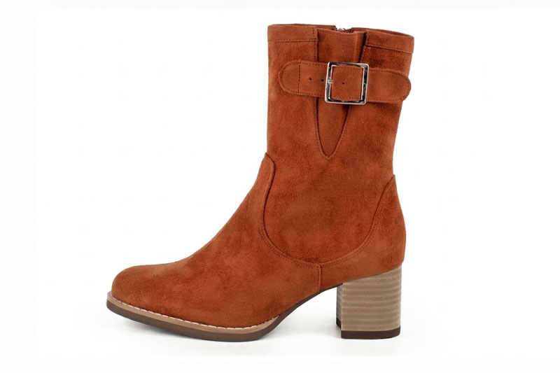 Classic leather ankle boots featuring adjustable side buckles and sleek hardware for secure support and timeless everyday style, in terracotta leather with round toe and mid block heel - Florence KOOIJMAN